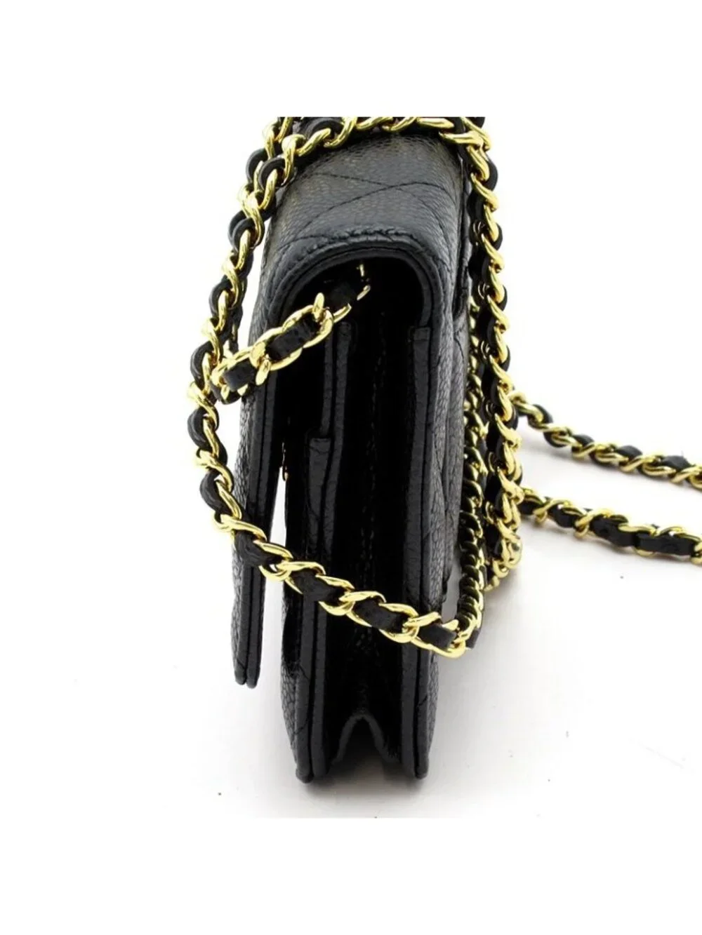 Chanel Quilted Chain Wallet Caviar Leather Shoulder Bag Black